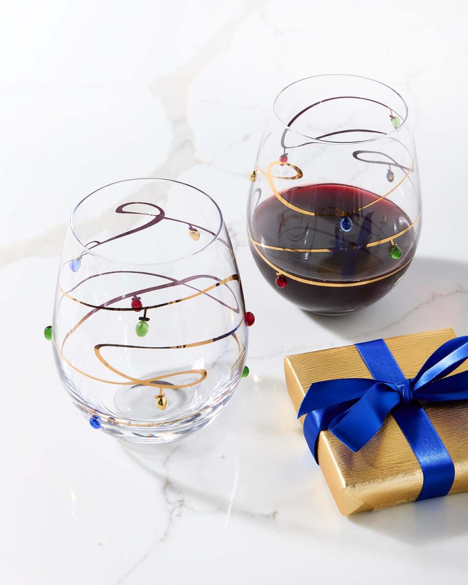 Christmas Lights 8 oz. Stemless Wine Glasses, Set of 2